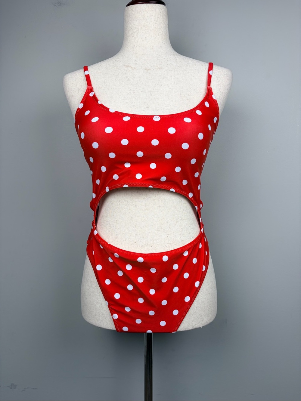 Meyeeka‎ One Piece Swimsuit L Red White Polka Dot Cutout Lace Up Back NWT